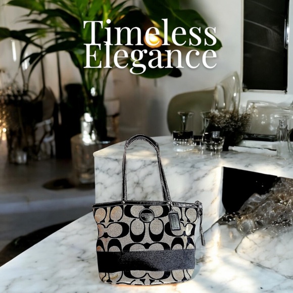 COACH Vintage Luxury Signature Canvas Stripe Canvas Tote in Black/Gray - Picture 3 of 16